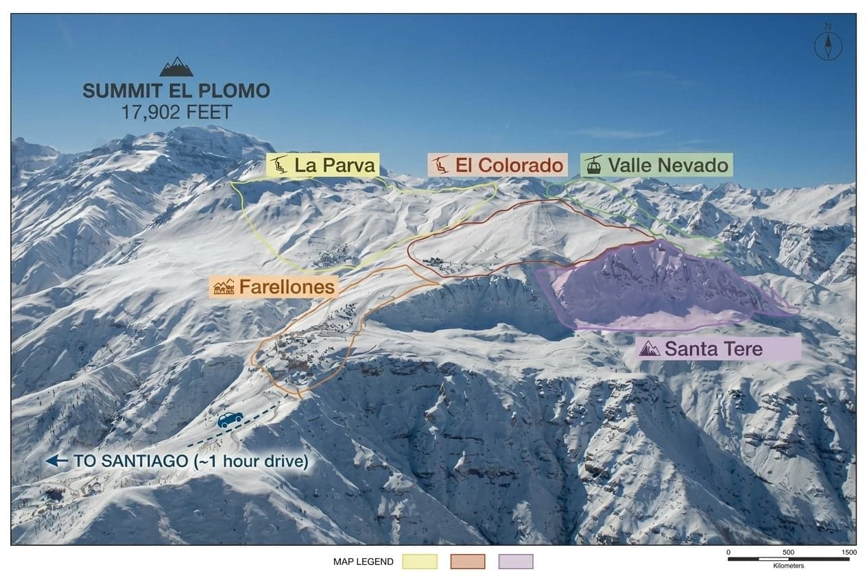 Map of the Tres Valles from the air: La Parva, El Colorado and Valle Nevado side by side, Farellones below them, the Santa Tere zone next to El Colorado, and the road down to Santiago
